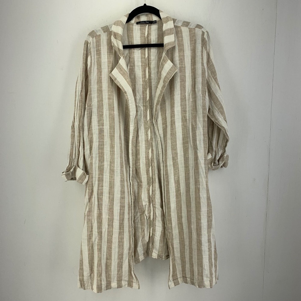 Doe & Rae Beige Linen Open Front Duster Cardigan Pockets Large Natural Lagenlook